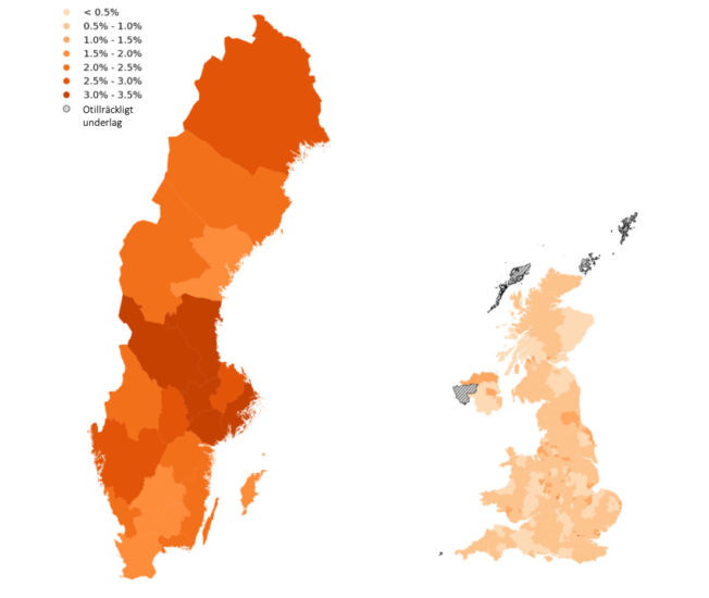 Karta över förekomsten av coronasymtom i Sverige.