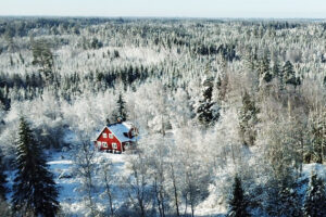 Röd stuga med vita knutar i en snöig skog