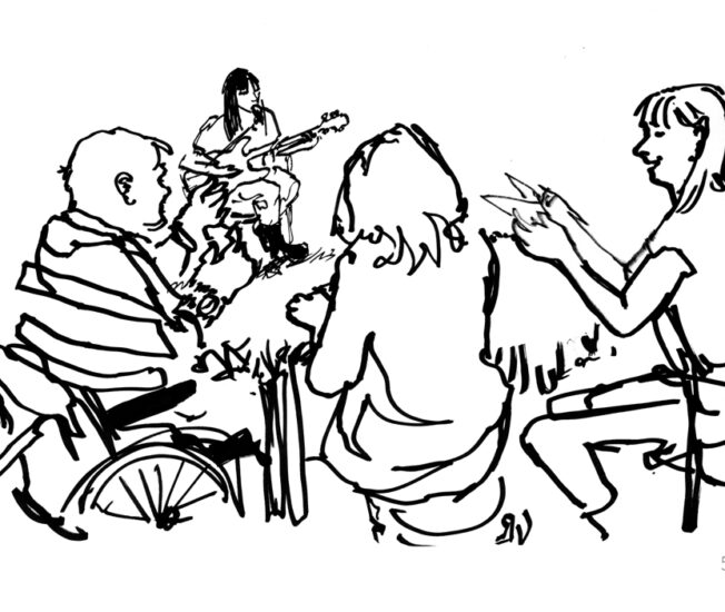 Illustration av personer som sitter i en cirkel