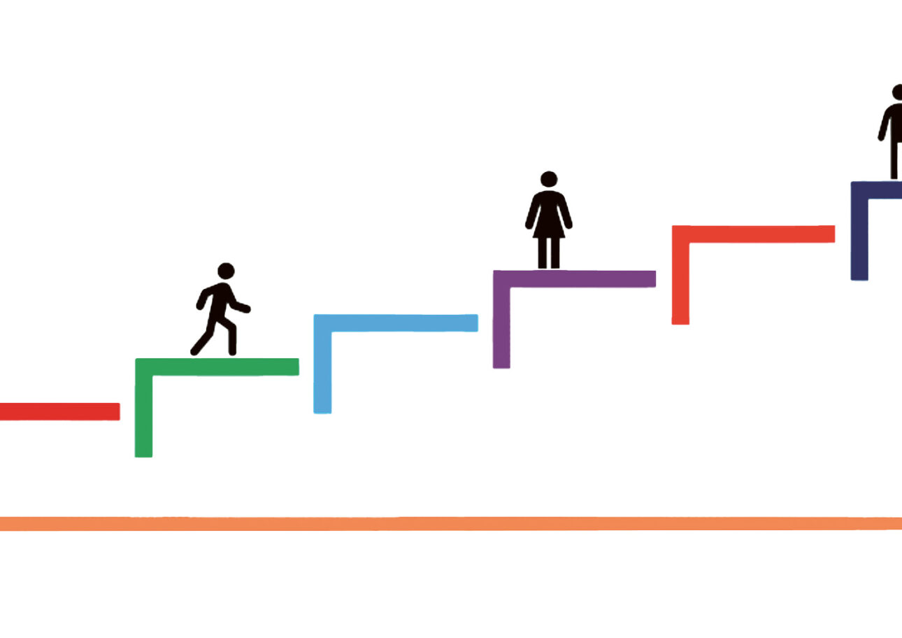 Steg för steg kan personalen lära sig mer om att förebygga hälsorisker hos äldre, med ­Kunskapstrappan som hjälp. Illustrationen är ­hämtad från avhandlingens omslag – se ref.